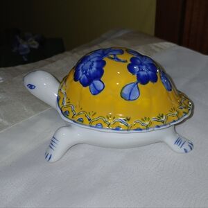 Hand-Painted Ceramic Turtle Trinket Box with Removable Floral Shell